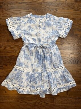 JMarie Collections Girls Chloe Blue Floral Toile Tie-Waist Puff Sleeve Dress 7-8